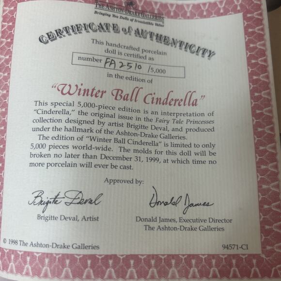 Rare Aston Drake Doll VTG 90’s Certificate Authentic Fairy Princess Cinderella - Picture 3 of 11